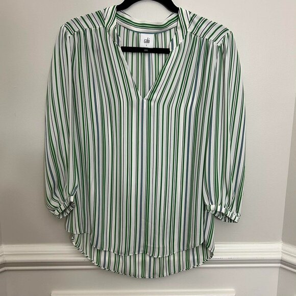CAbi Style 5893 Awning Stripe Blouse White w/ Green & Black Stripes Size Small - Picture 1 of 8